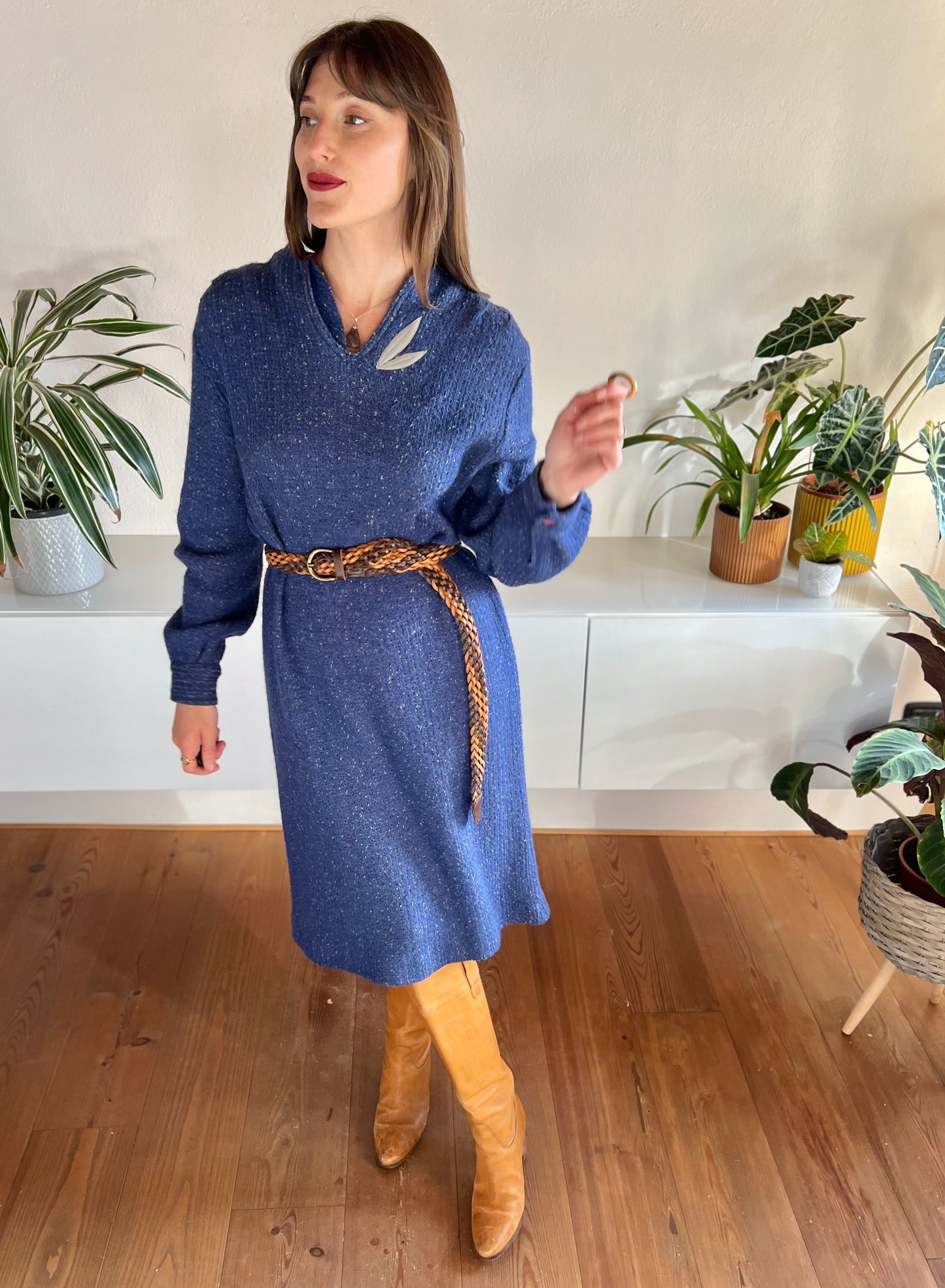 1970's vintage blue wool knit midi dress with grey leaf detail