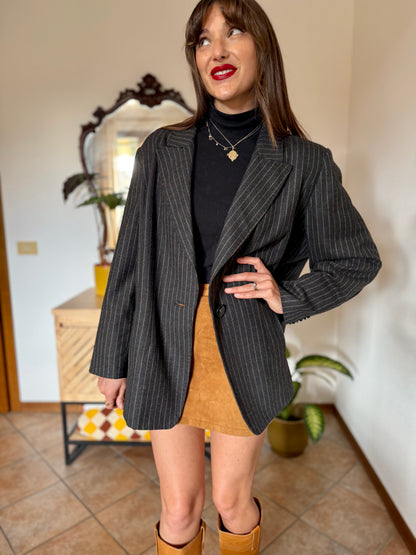 1990's vintage oversize charcoal grey wool blazer with tan pin striping