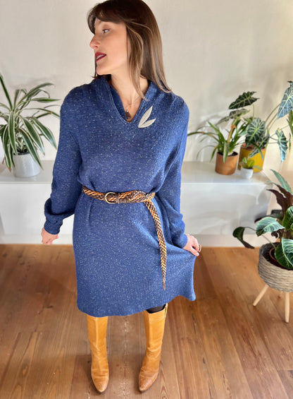 1970's vintage blue wool knit midi dress with grey leaf detail