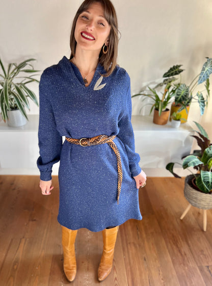 1970's vintage blue wool knit midi dress with grey leaf detail