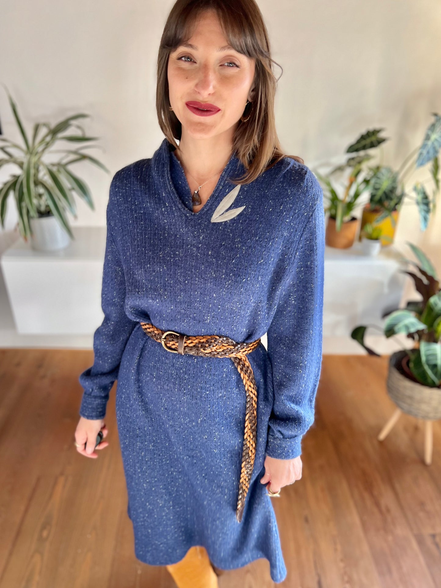 1970's vintage blue wool knit midi dress with grey leaf detail