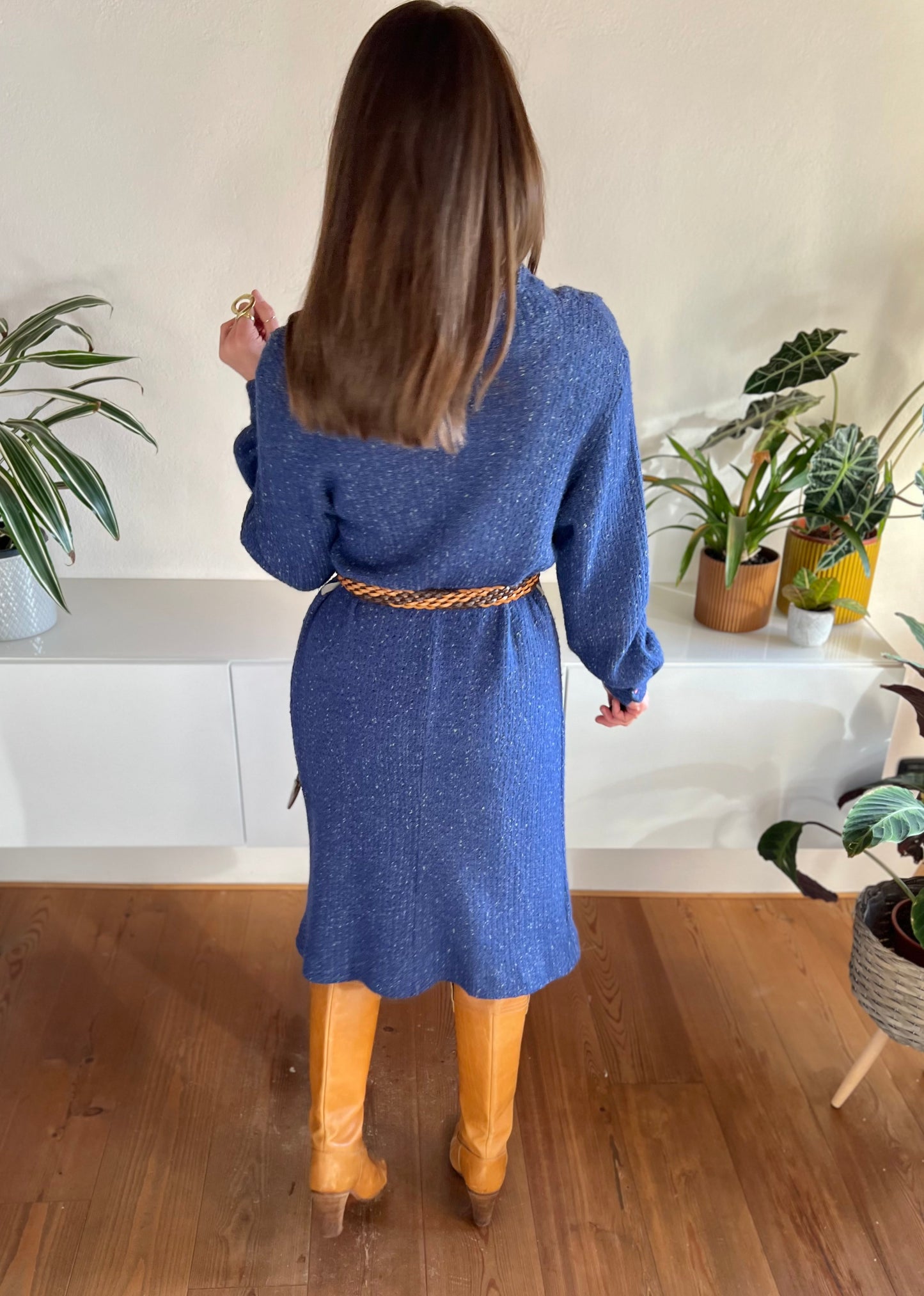 1970's vintage blue wool knit midi dress with grey leaf detail