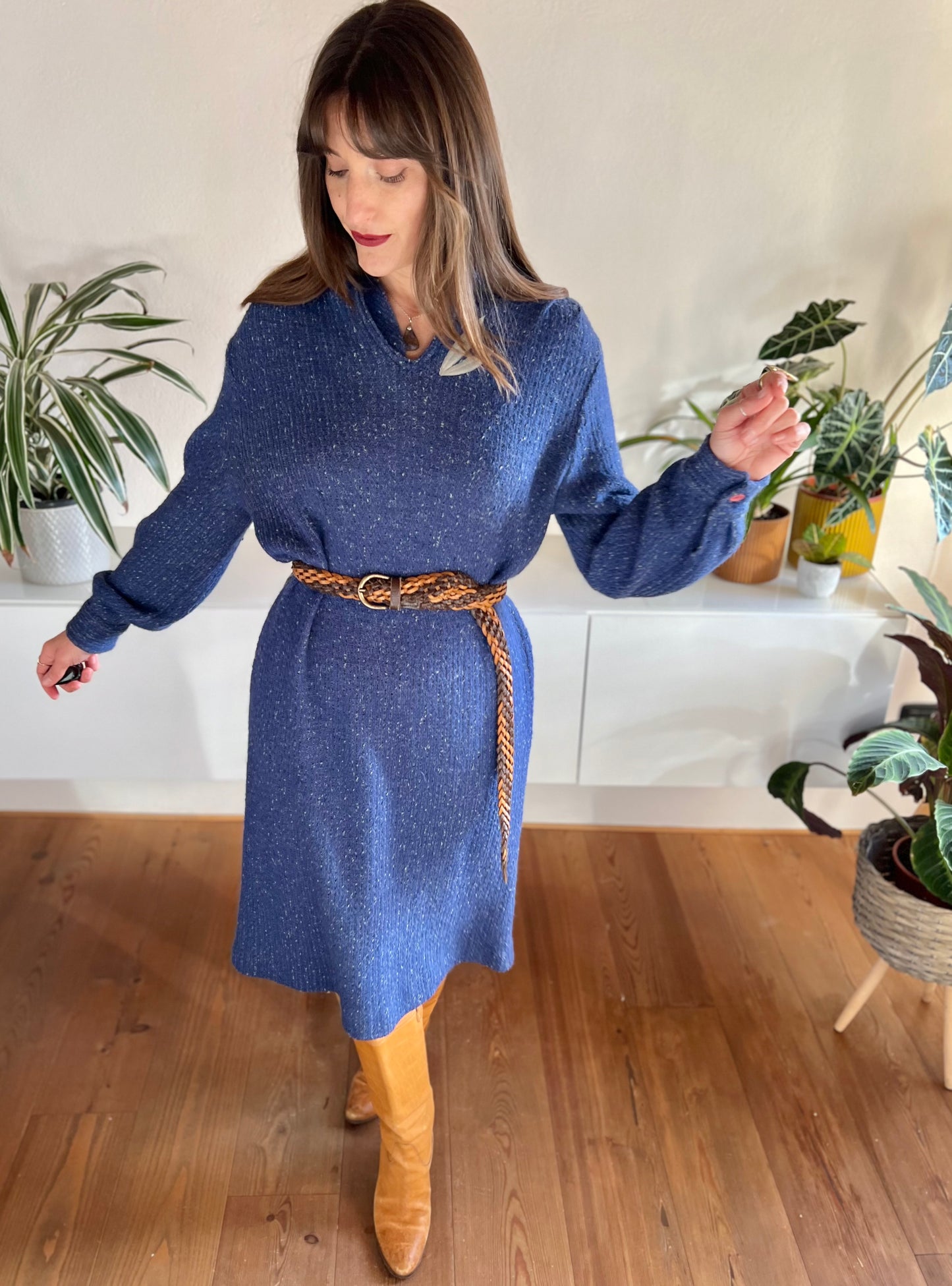 1970's vintage blue wool knit midi dress with grey leaf detail