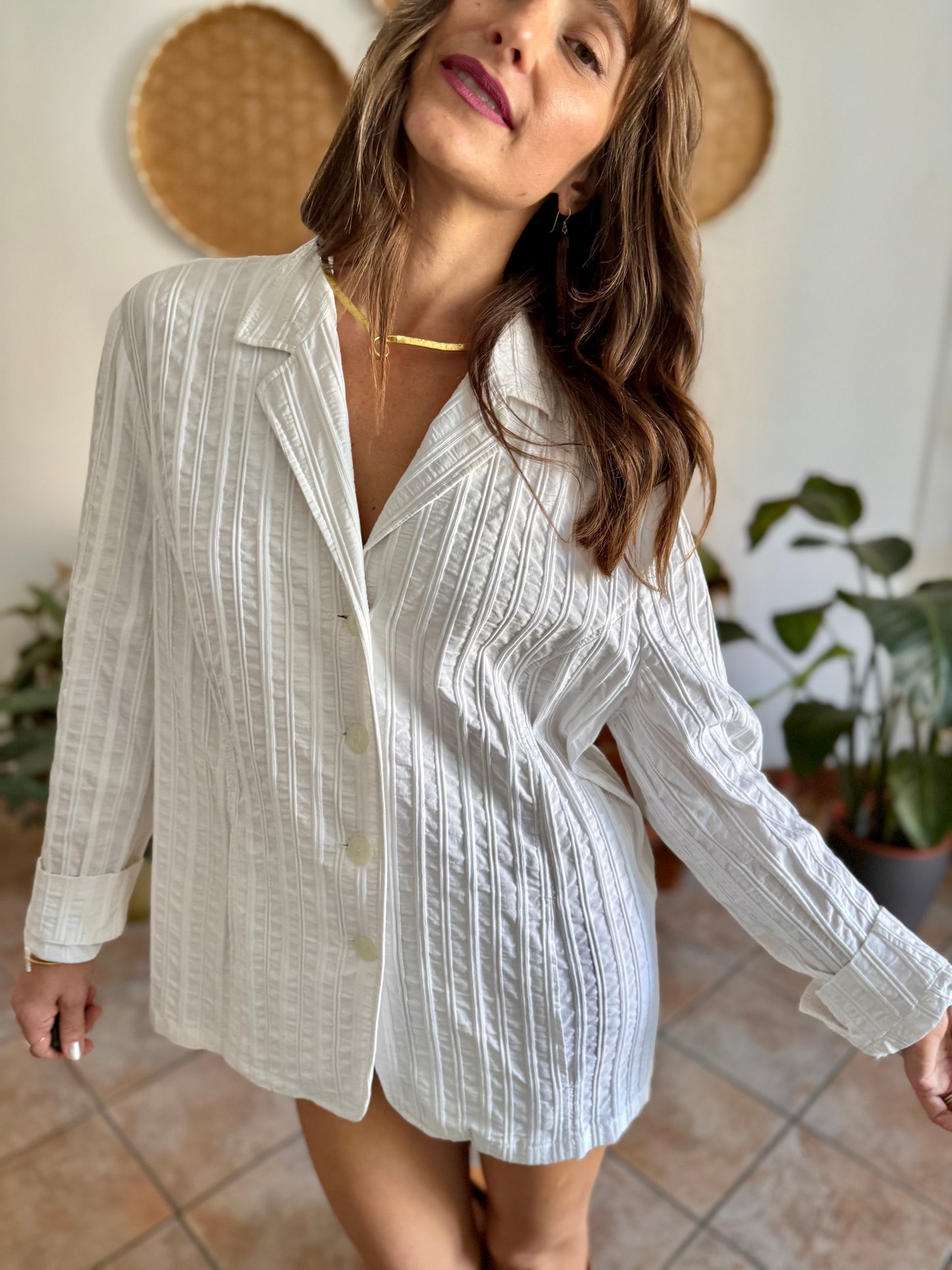 1990's vintage white textured stripe blazer mini dress