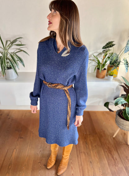 1970's vintage blue wool knit midi dress with grey leaf detail