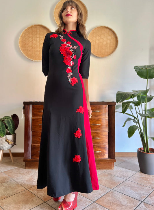 1990's vintage black and red cheongsam maxi dress with embroidered and appliqué flower detailing