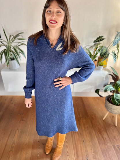 1970's vintage blue wool knit midi dress with grey leaf detail