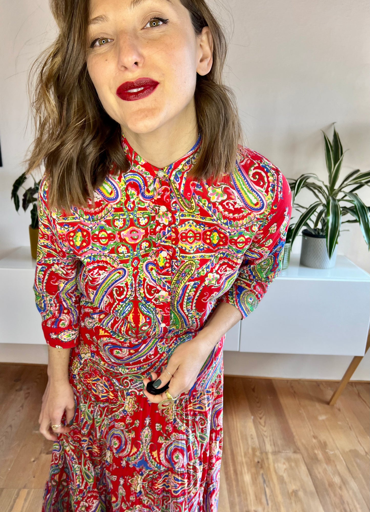 Y2k vintage red with multicolor paisley print maxi skirt and shirt set