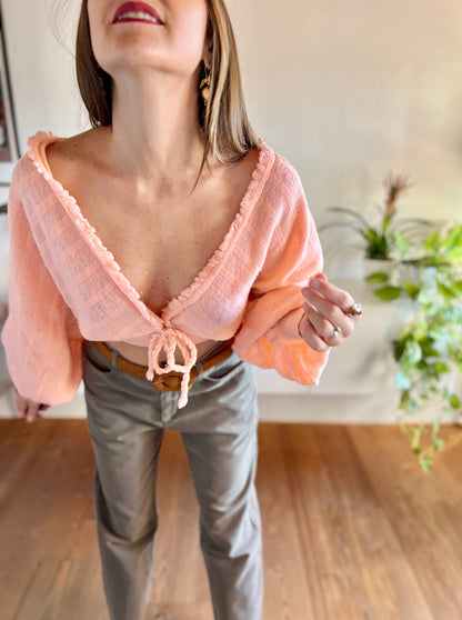 1960's vintage balloon sleeve peach hand knit cardigan