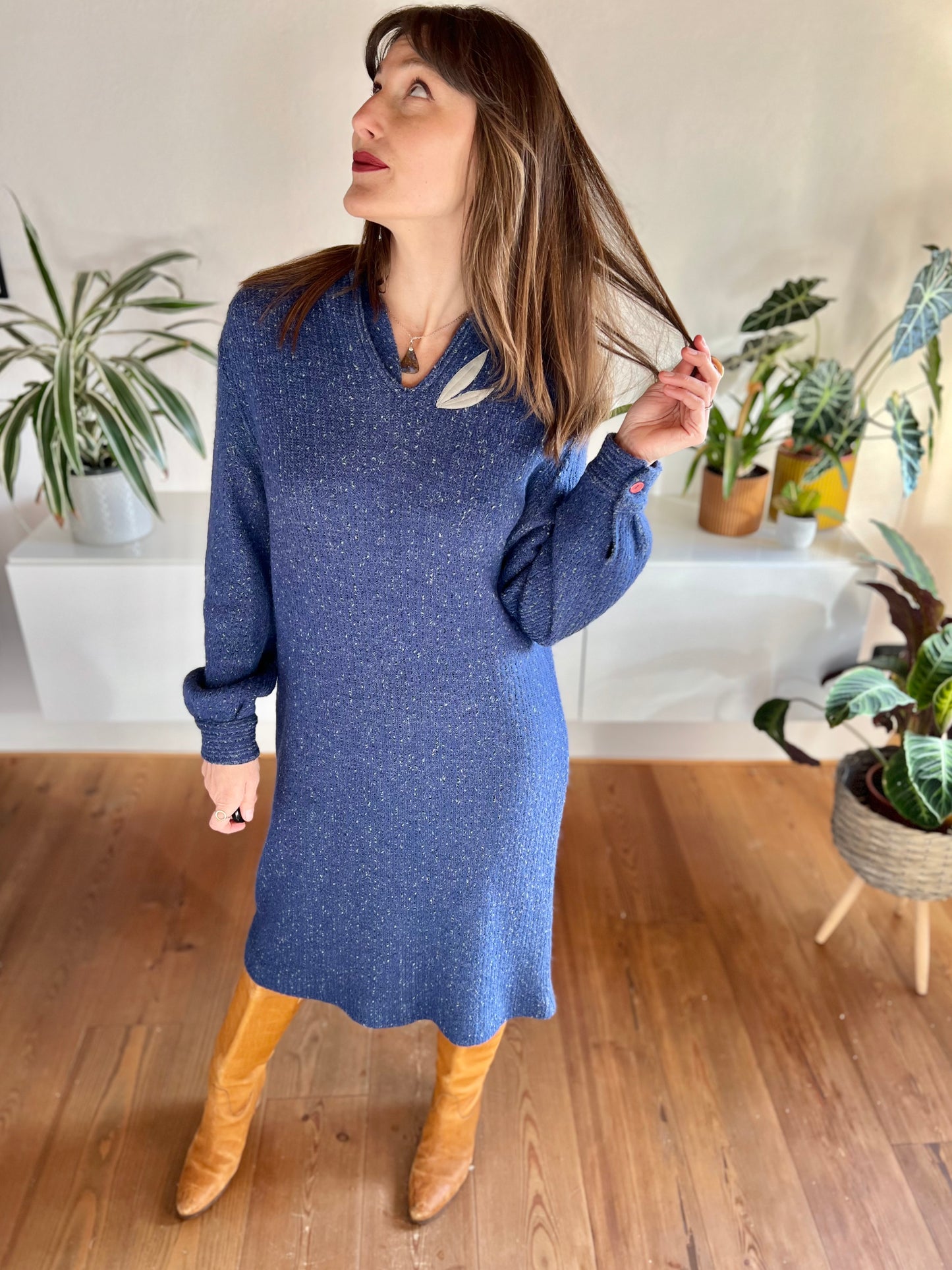 1970's vintage blue wool knit midi dress with grey leaf detail