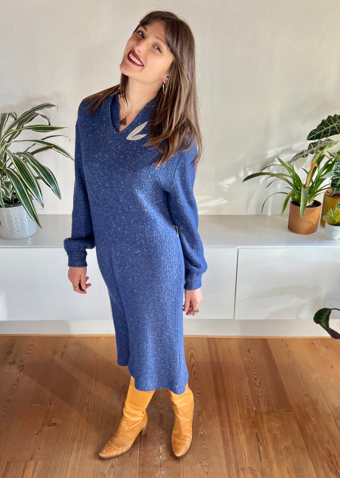 1970's vintage blue wool knit midi dress with grey leaf detail