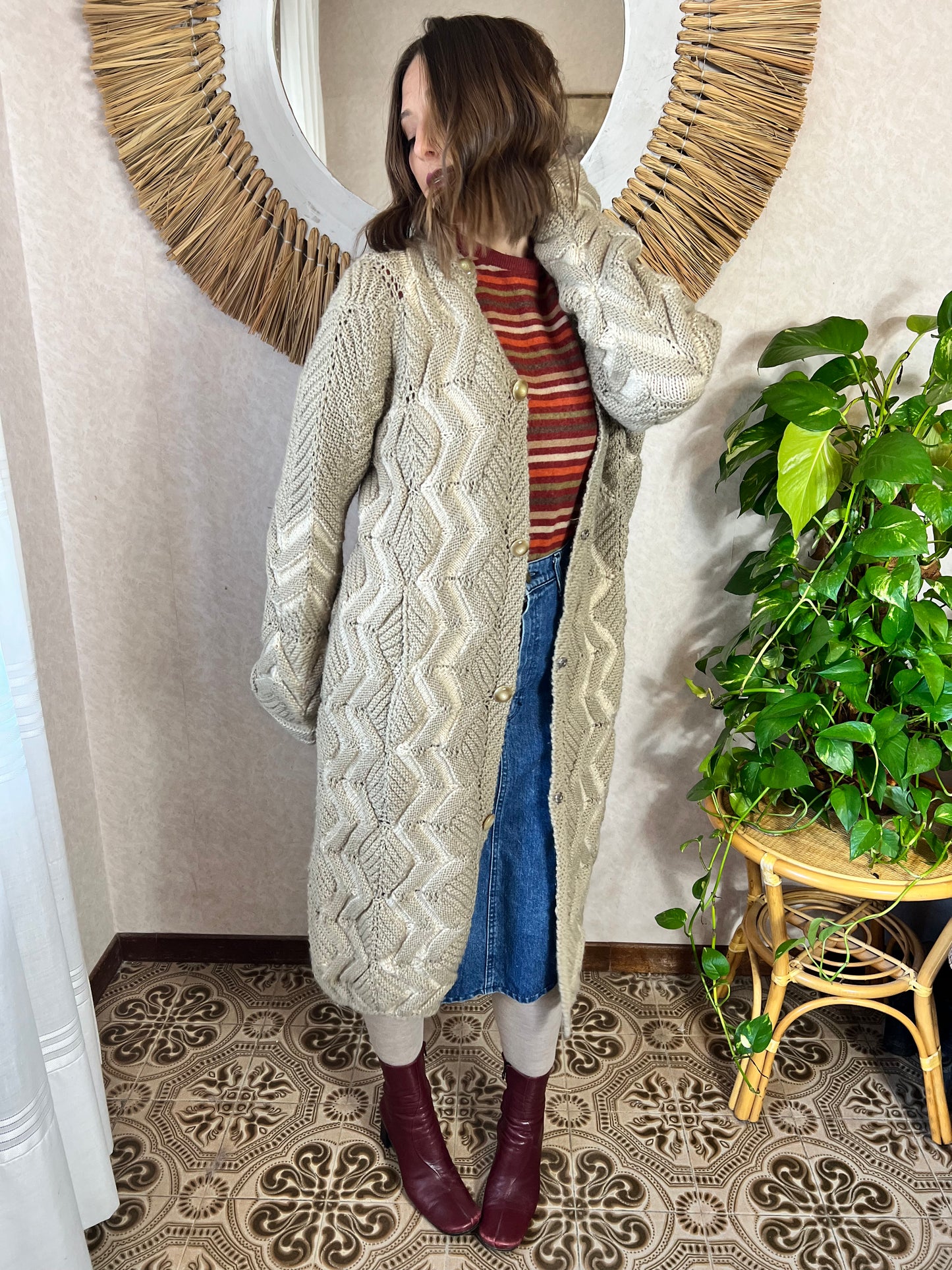 1970's vintage beige and cream oversize chevron knit duster cardigan