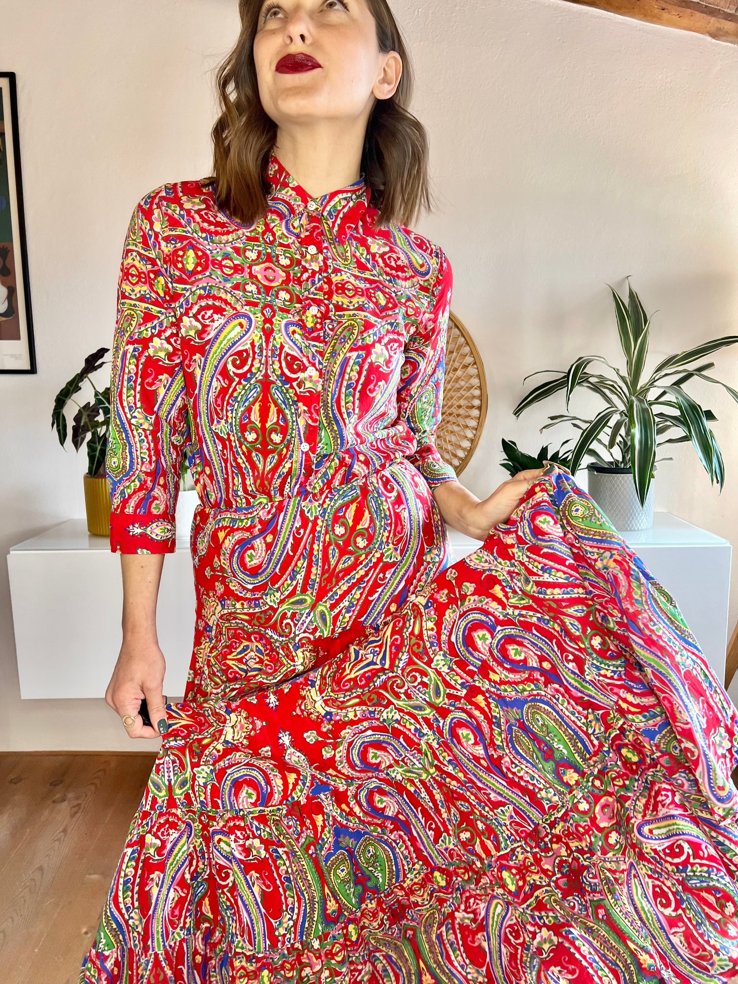 Y2k vintage red with multicolor paisley print maxi skirt and shirt set