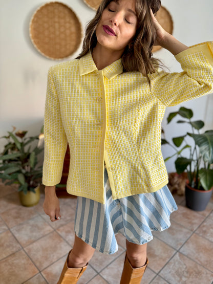 1990's vintage yellow and white tweed knit blazer with faux crystal buttons