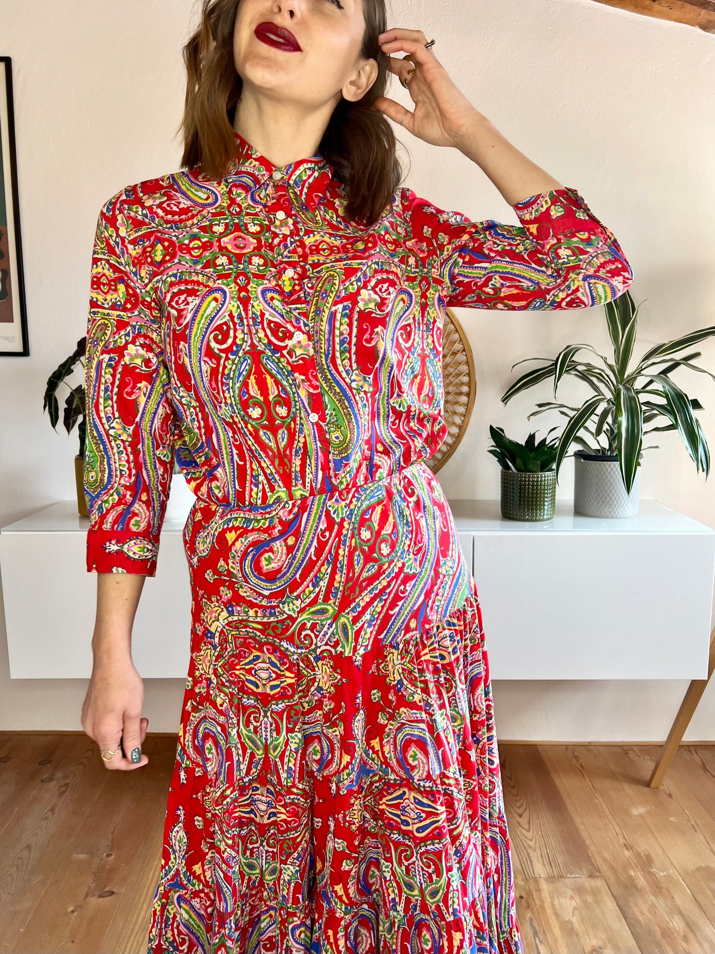 Y2k vintage red with multicolor paisley print maxi skirt and shirt set