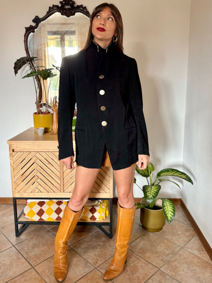 1970's vintage black wool jacket with oversize brass buttons and brown and tan stripe collar detail