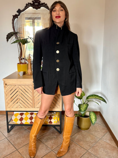 1970's vintage black wool jacket with oversize brass buttons and brown and tan stripe collar detail