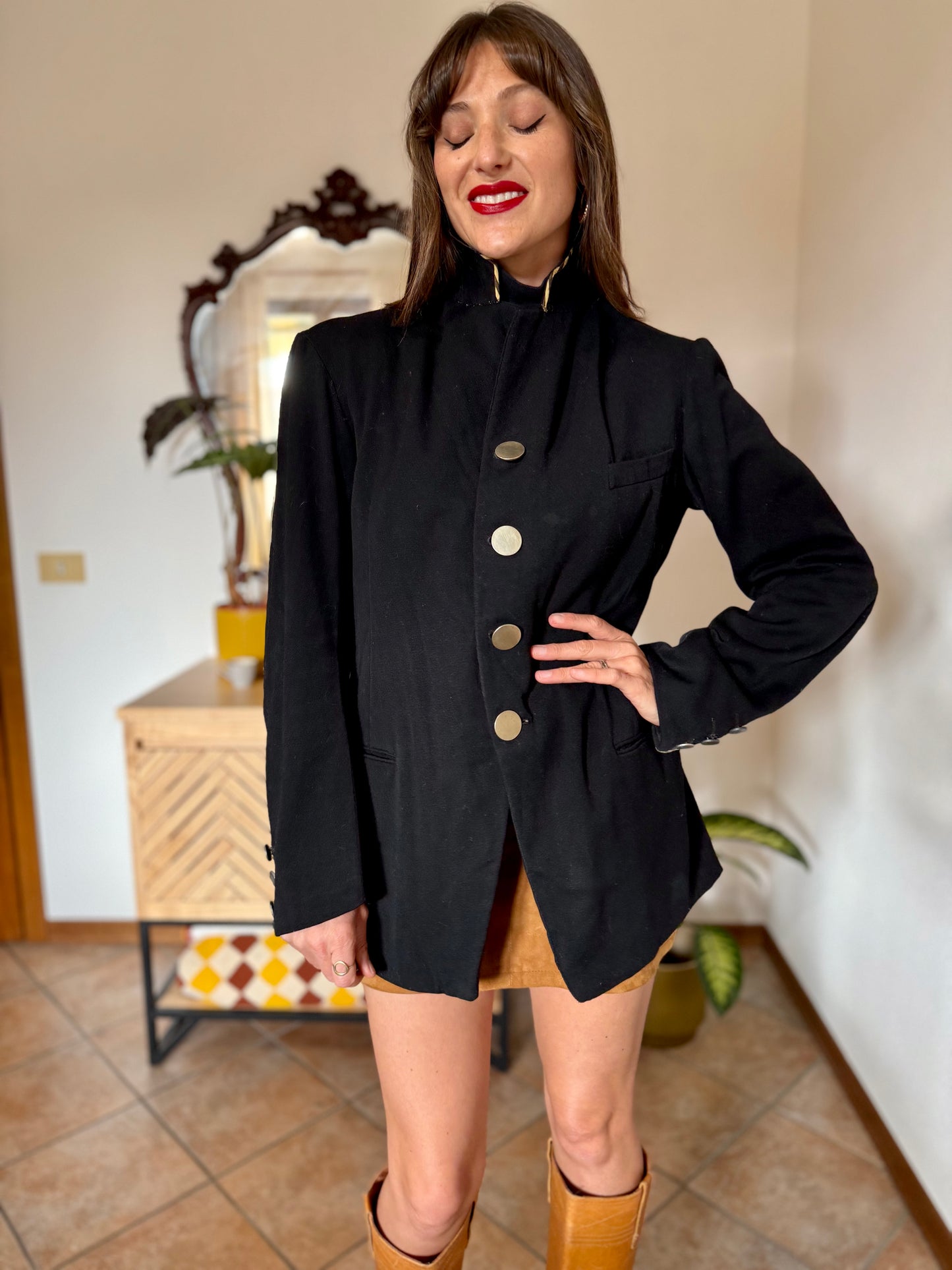 1970's vintage black wool jacket with oversize brass buttons and brown and tan stripe collar detail