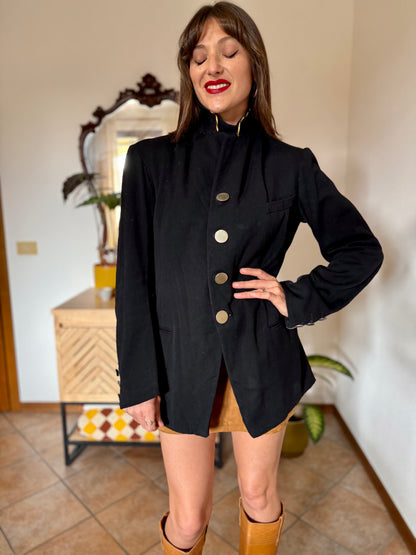 1970's vintage black wool jacket with oversize brass buttons and brown and tan stripe collar detail