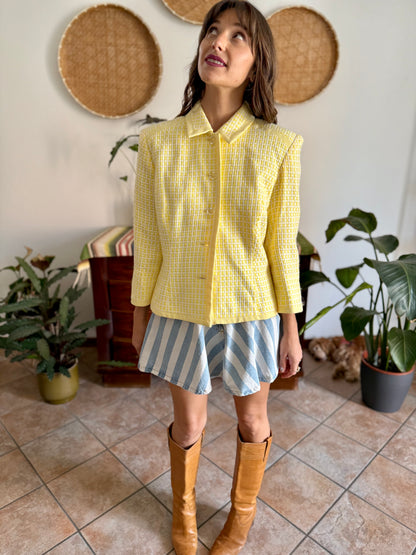 1990's vintage yellow and white tweed knit blazer with faux crystal buttons