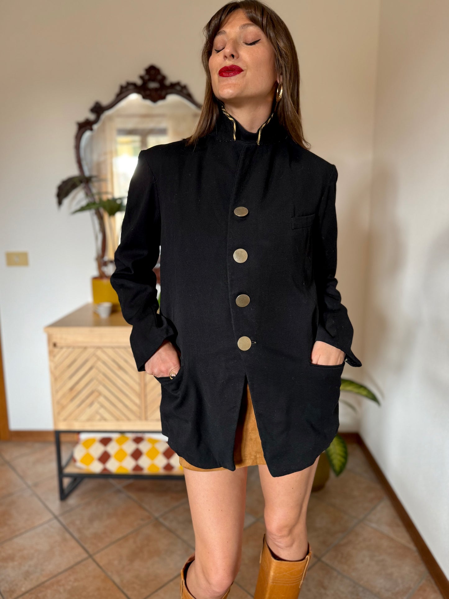 1970's vintage black wool jacket with oversize brass buttons and brown and tan stripe collar detail