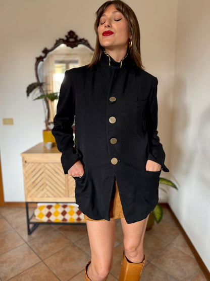 1970's vintage black wool jacket with oversize brass buttons and brown and tan stripe collar detail