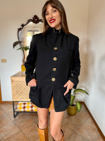 1970's vintage black wool jacket with oversize brass buttons and brown and tan stripe collar detail