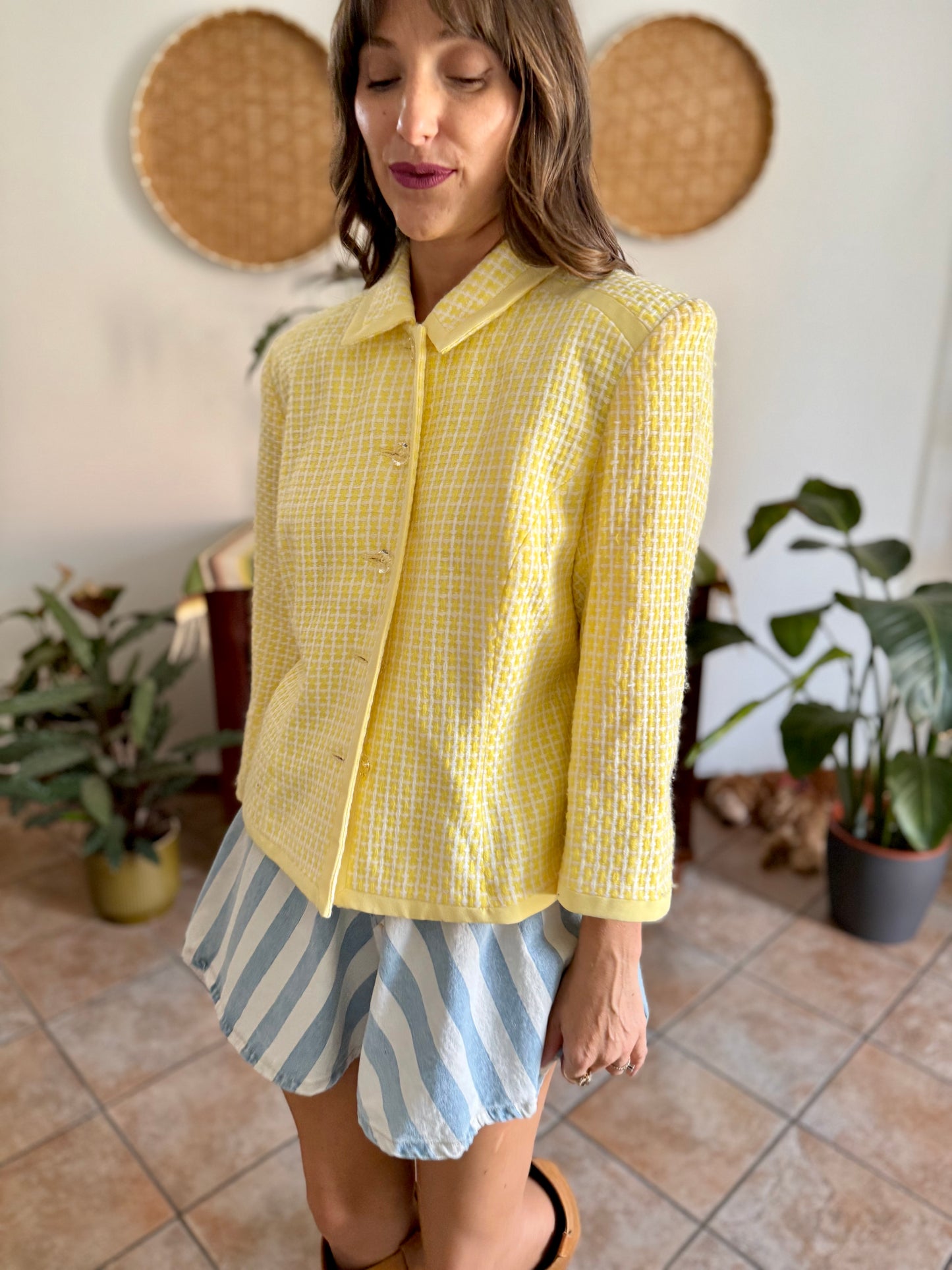 1990's vintage yellow and white tweed knit blazer with faux crystal buttons