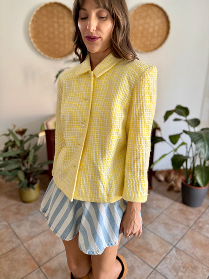 1990's vintage yellow and white tweed knit blazer with faux crystal buttons