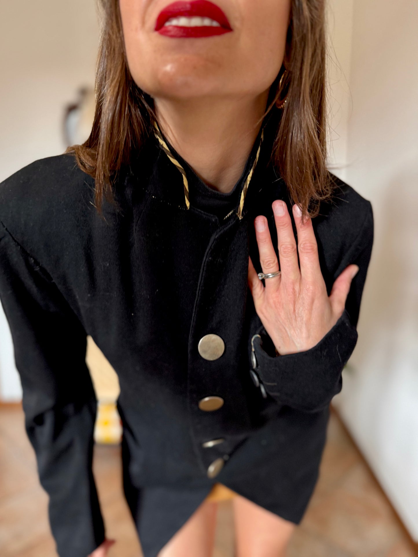 1970's vintage black wool jacket with oversize brass buttons and brown and tan stripe collar detail
