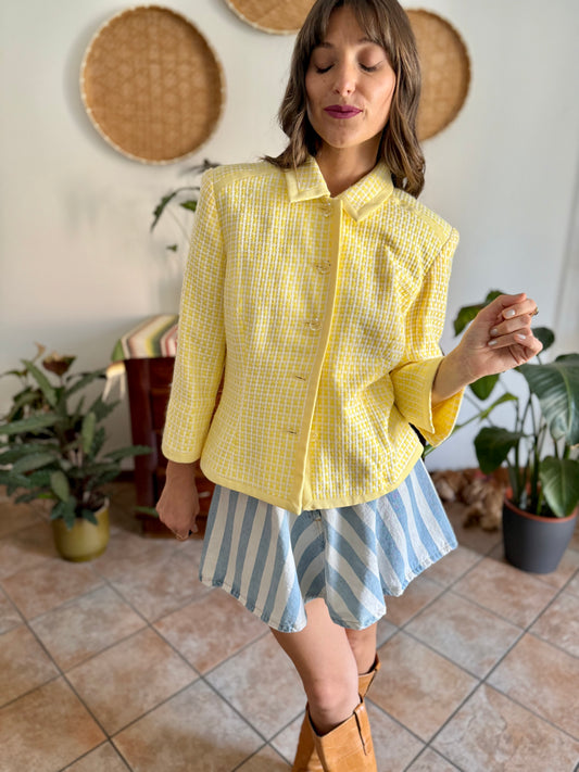 1990's vintage yellow and white tweed knit blazer with faux crystal buttons