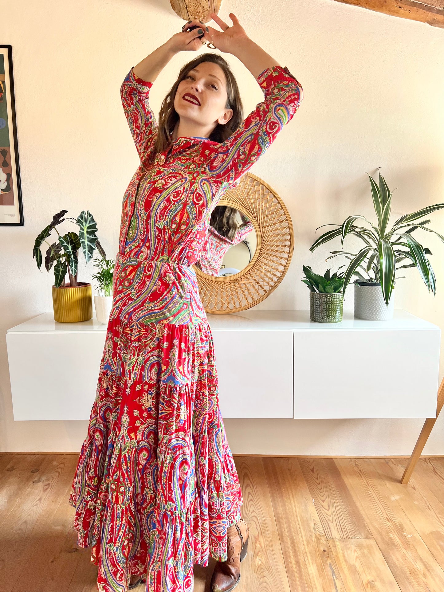 Y2k vintage red with multicolor paisley print maxi skirt and shirt set