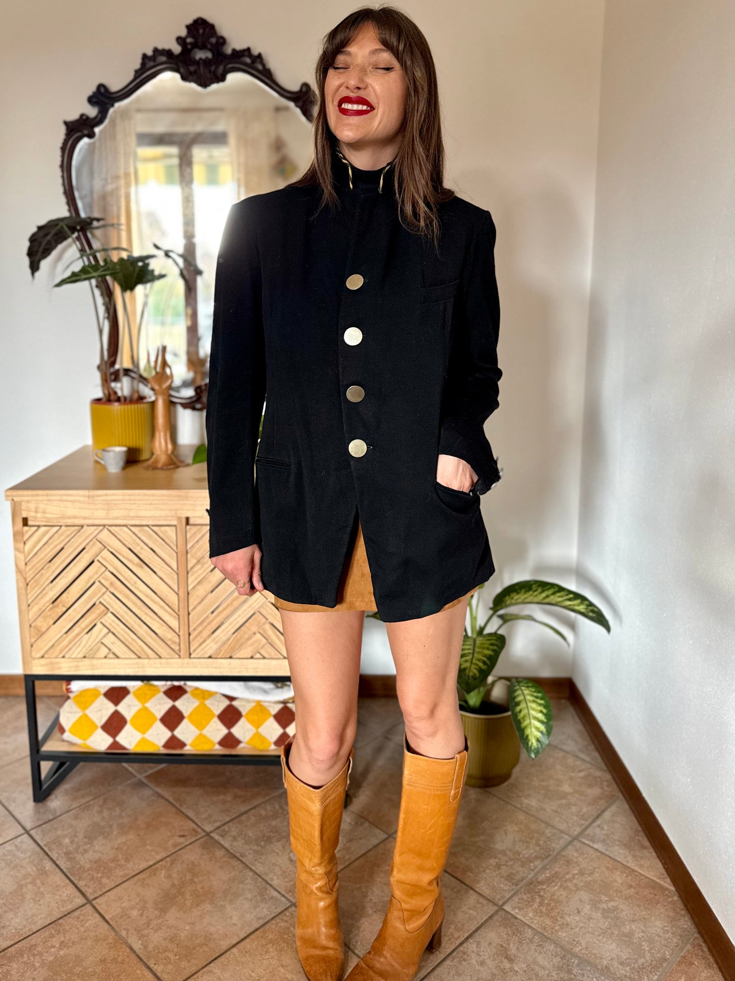 1970's vintage black wool jacket with oversize brass buttons and brown and tan stripe collar detail