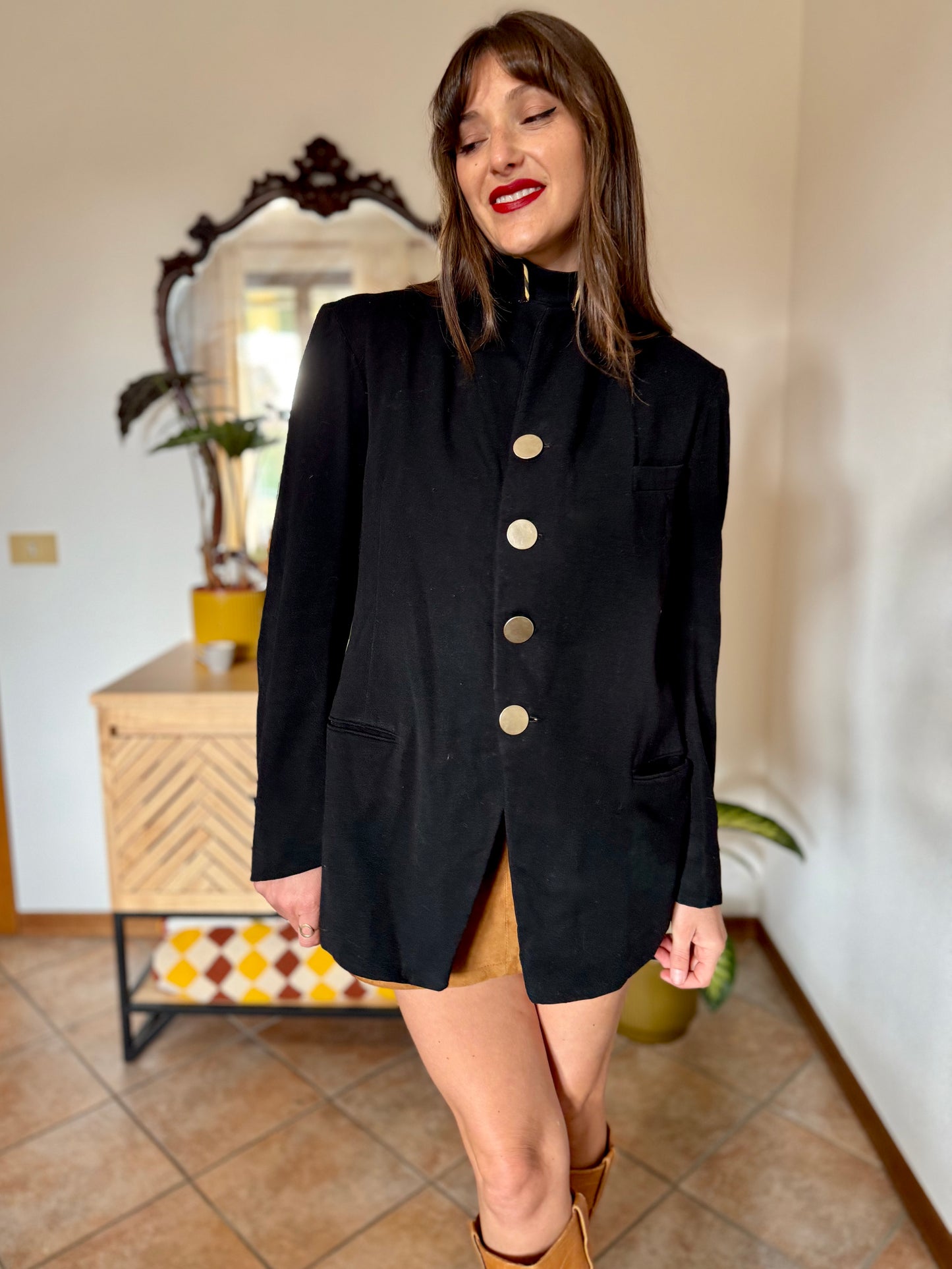 1970's vintage black wool jacket with oversize brass buttons and brown and tan stripe collar detail