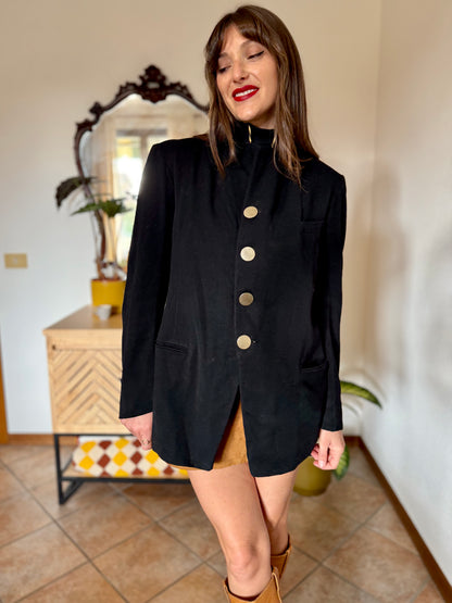 1970's vintage black wool jacket with oversize brass buttons and brown and tan stripe collar detail