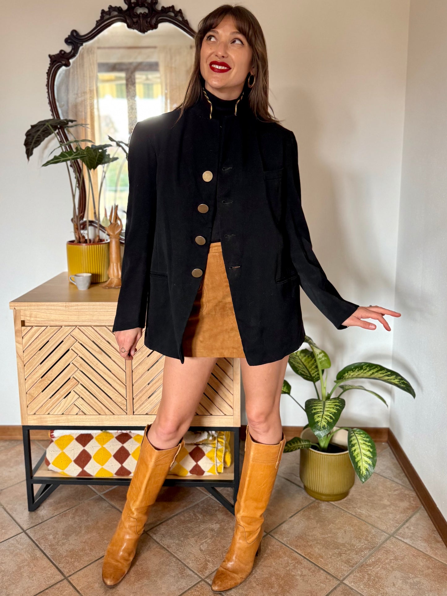 1970's vintage black wool jacket with oversize brass buttons and brown and tan stripe collar detail