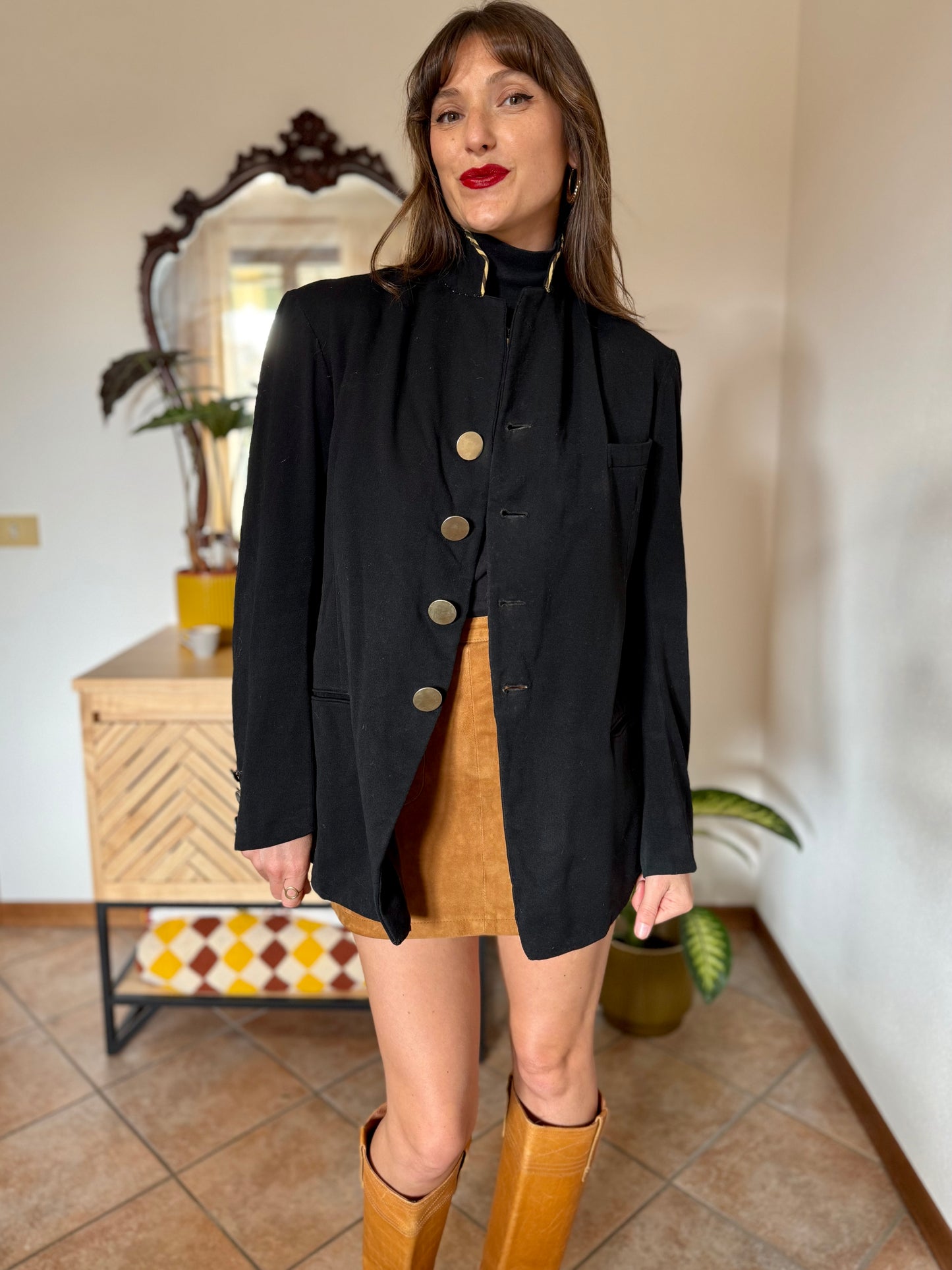 1970's vintage black wool jacket with oversize brass buttons and brown and tan stripe collar detail