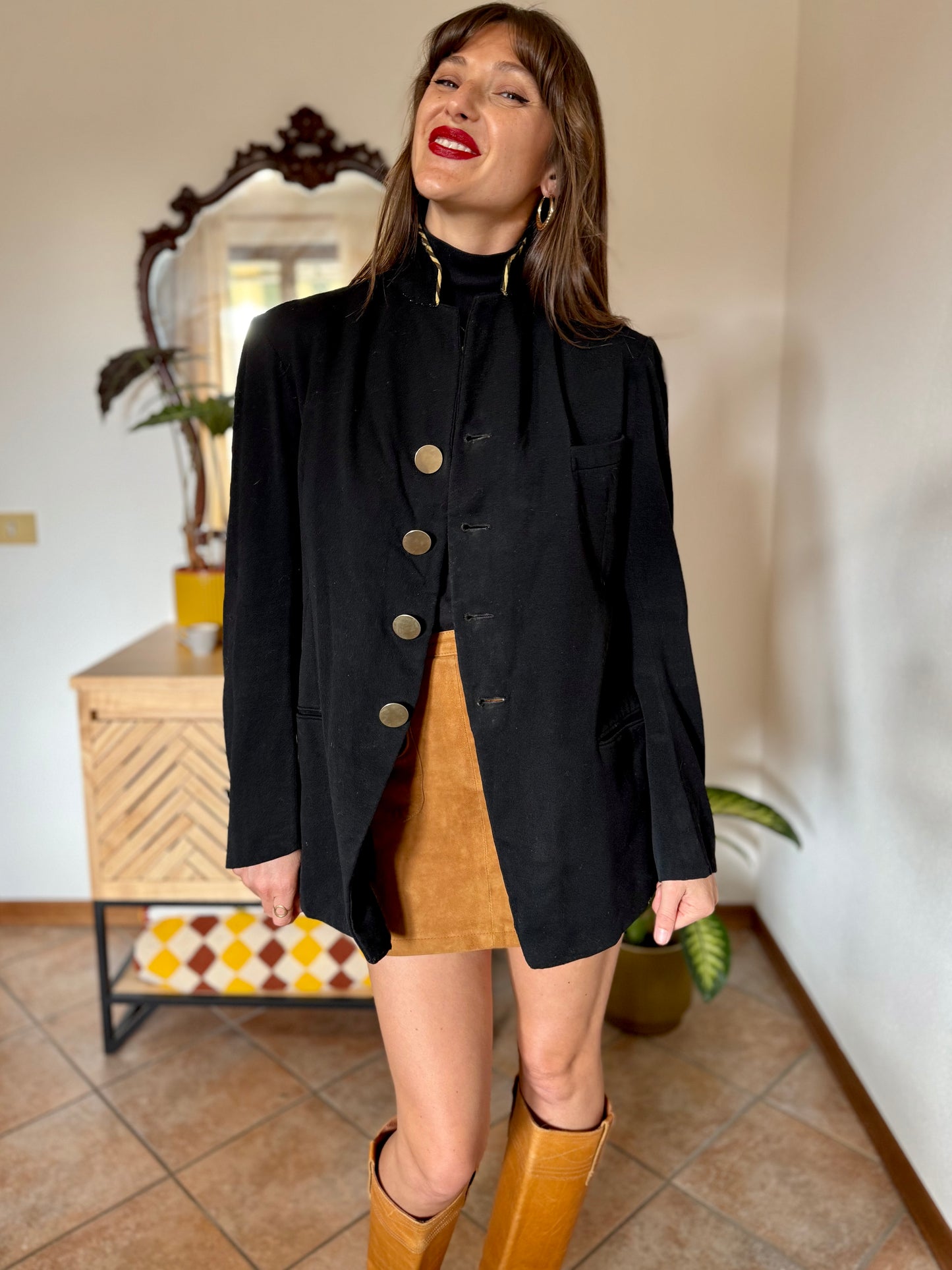 1970's vintage black wool jacket with oversize brass buttons and brown and tan stripe collar detail