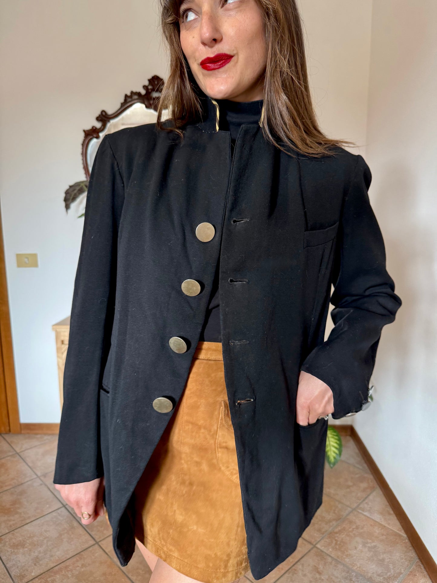 1970's vintage black wool jacket with oversize brass buttons and brown and tan stripe collar detail