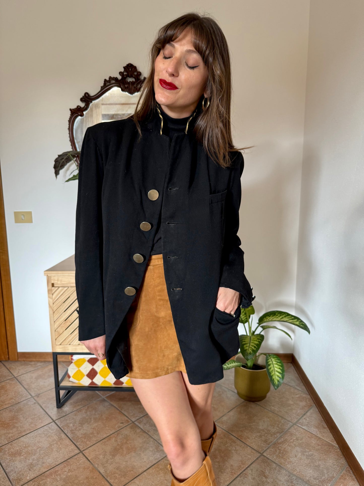 1970's vintage black wool jacket with oversize brass buttons and brown and tan stripe collar detail