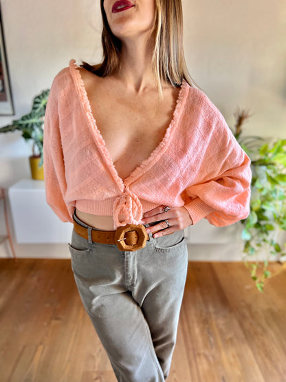 1960's vintage balloon sleeve peach hand knit cardigan