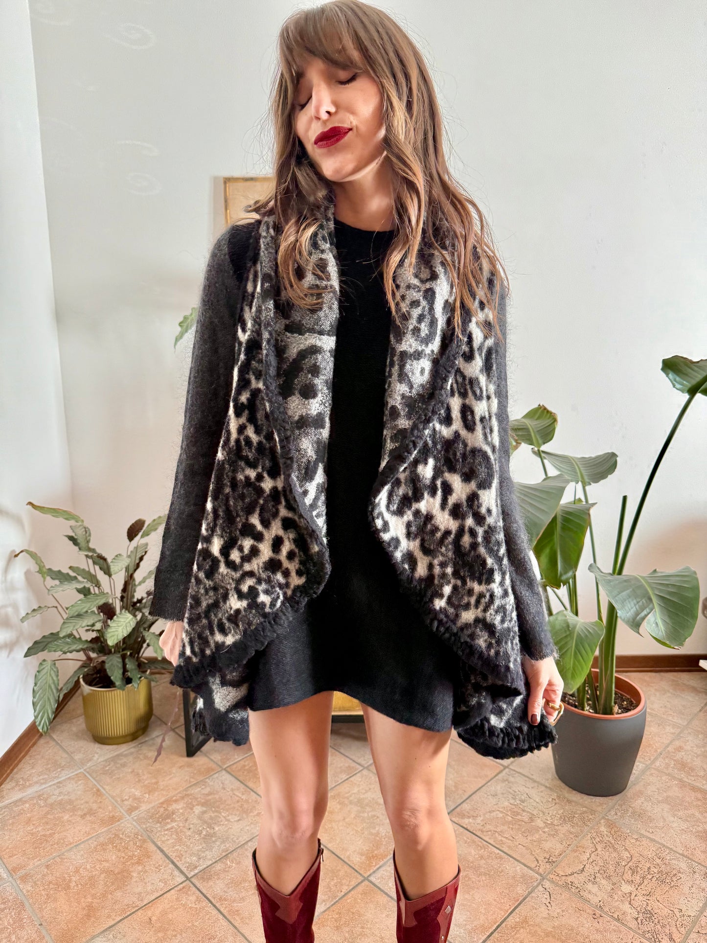 1990's vintage black and grey animal print ruffle felted wool vest