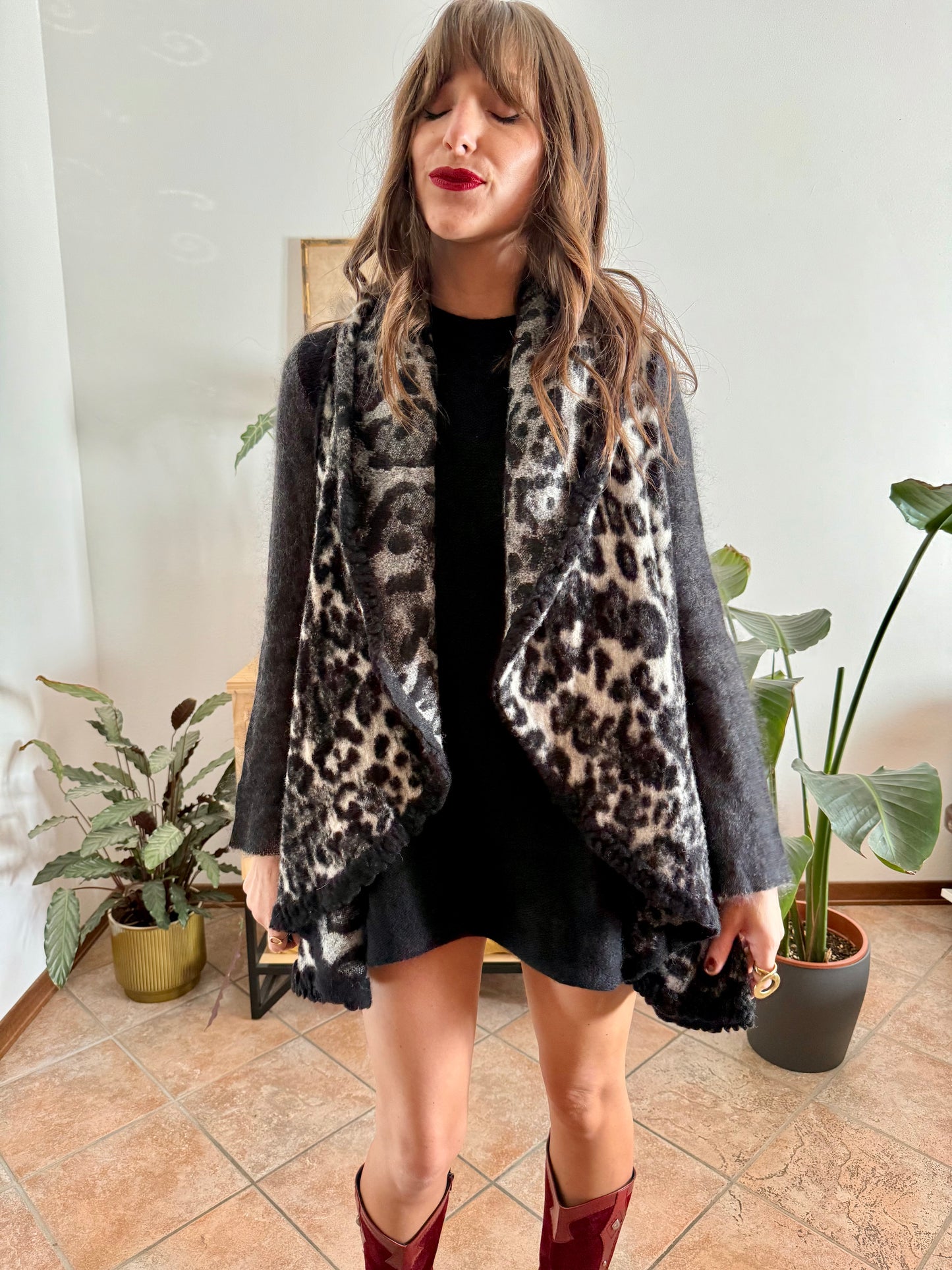 1990's vintage black and grey animal print ruffle felted wool vest