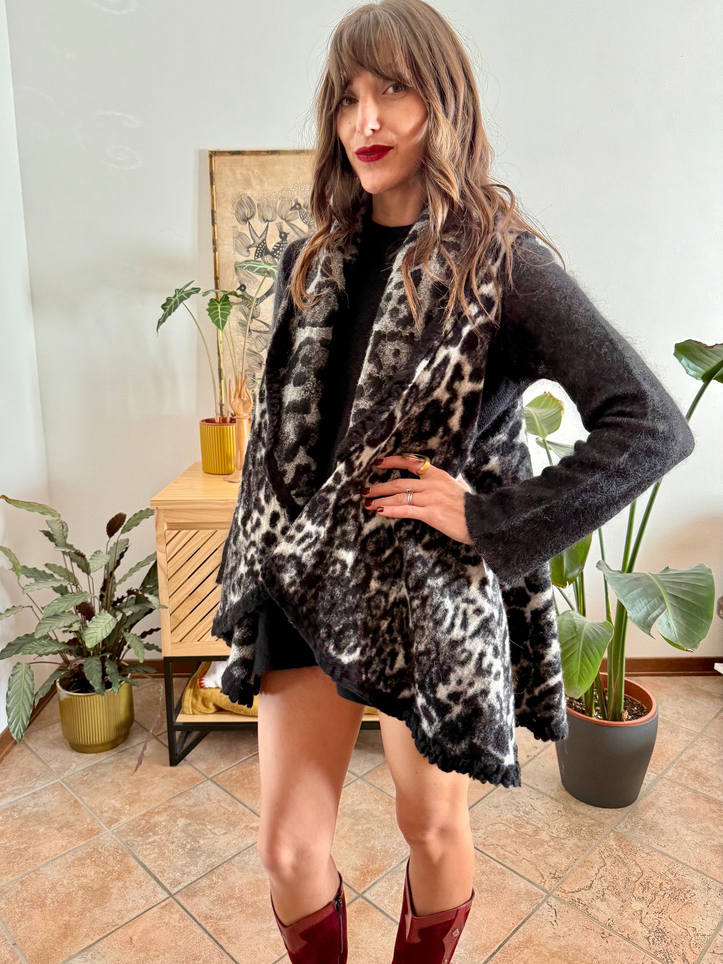 1990's vintage black and grey animal print ruffle felted wool vest