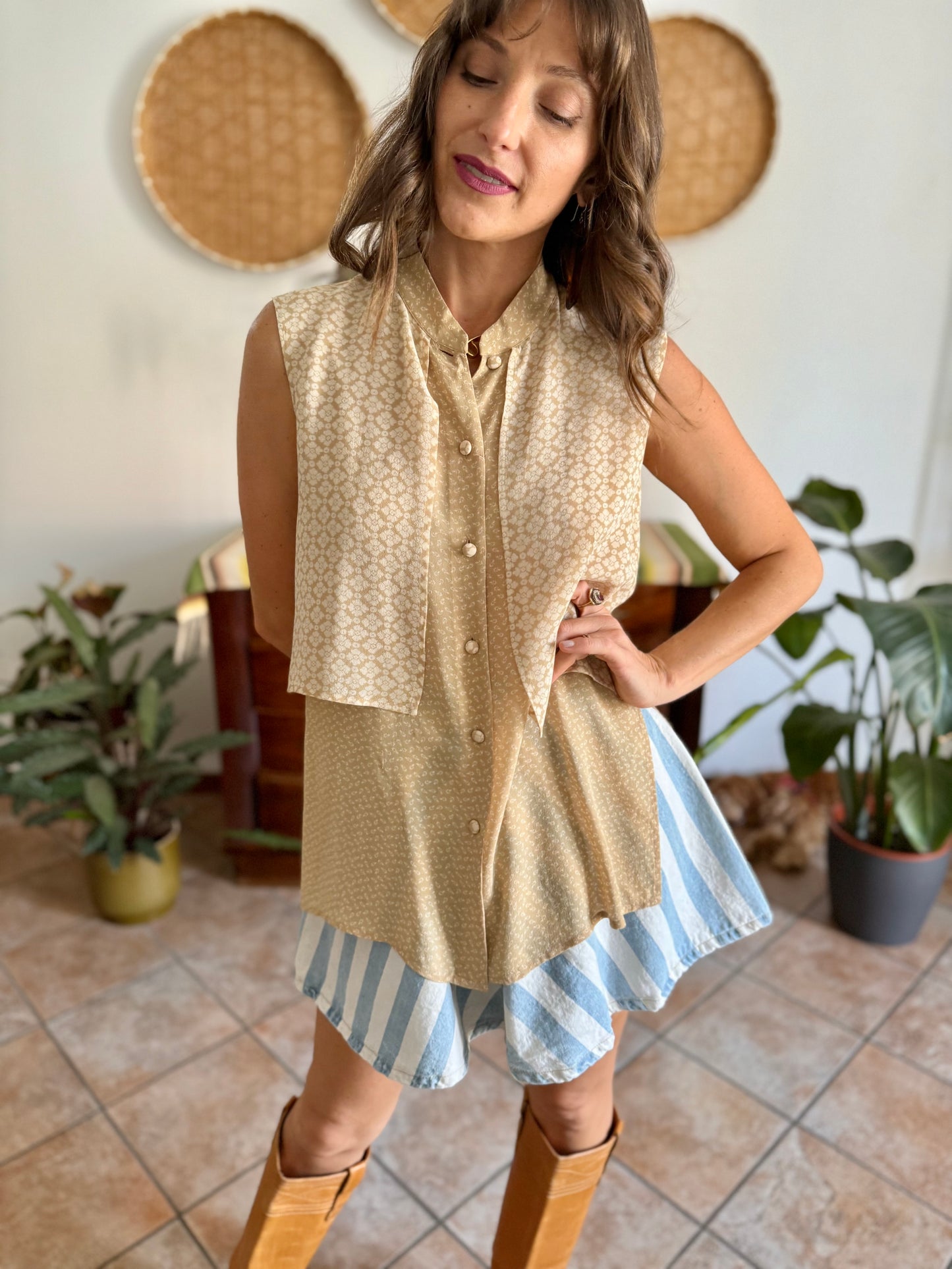 1990's vintage double lay beige and cream silk floral print blouse