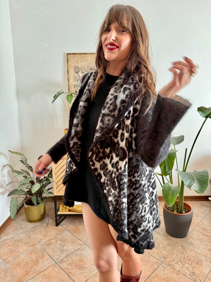 1990's vintage black and grey animal print ruffle felted wool vest