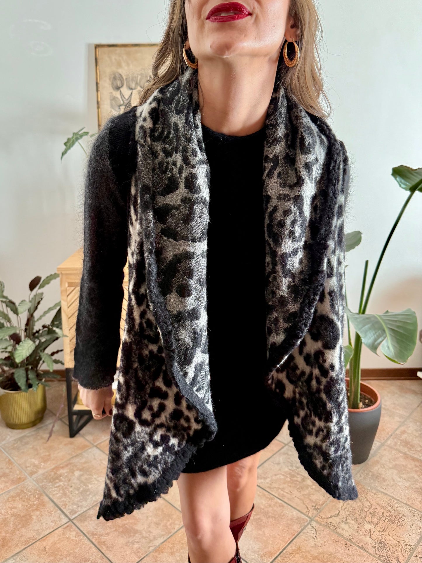 1990's vintage black and grey animal print ruffle felted wool vest