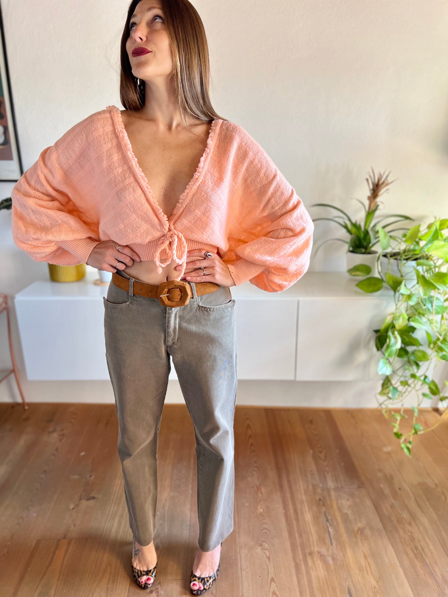 1960's vintage balloon sleeve peach hand knit cardigan