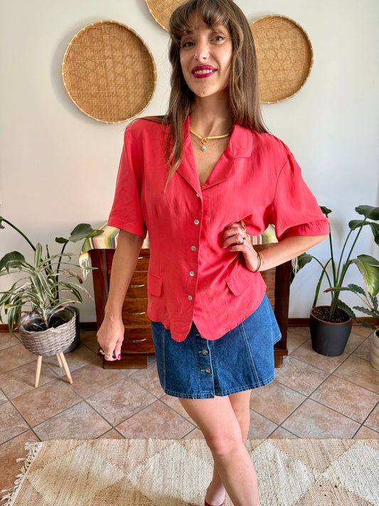 1970's vintage silk woven coral blouse with mother of pearl buttons