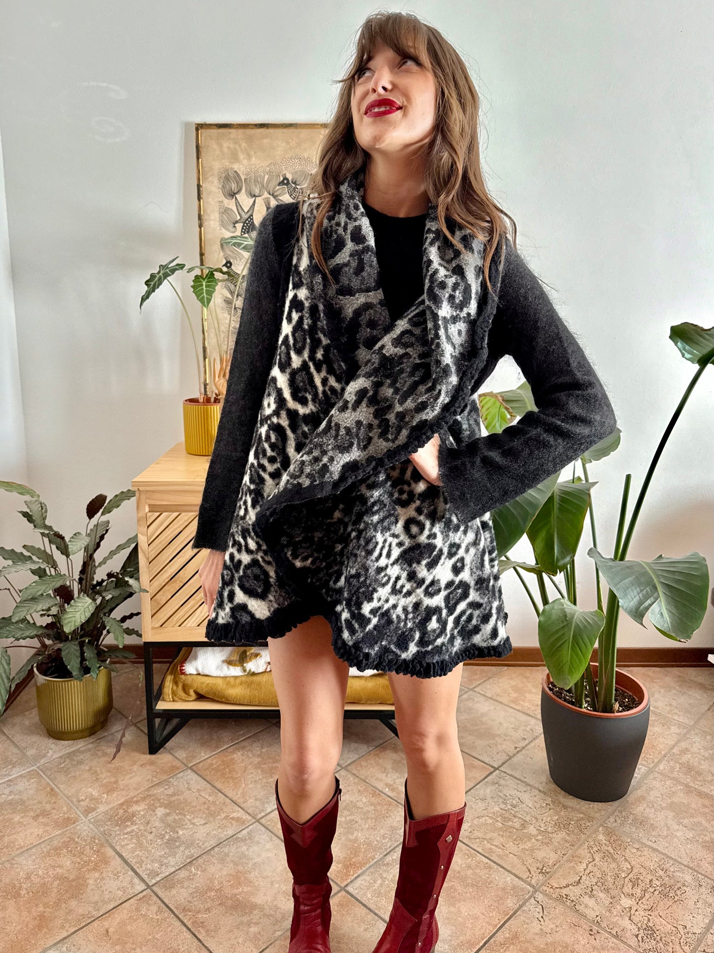 1990's vintage black and grey animal print ruffle felted wool vest